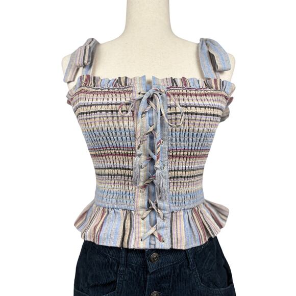 Storia Tops - Storia Smocked Corset Tie Strap Top Size M Boho Striped Lace Up